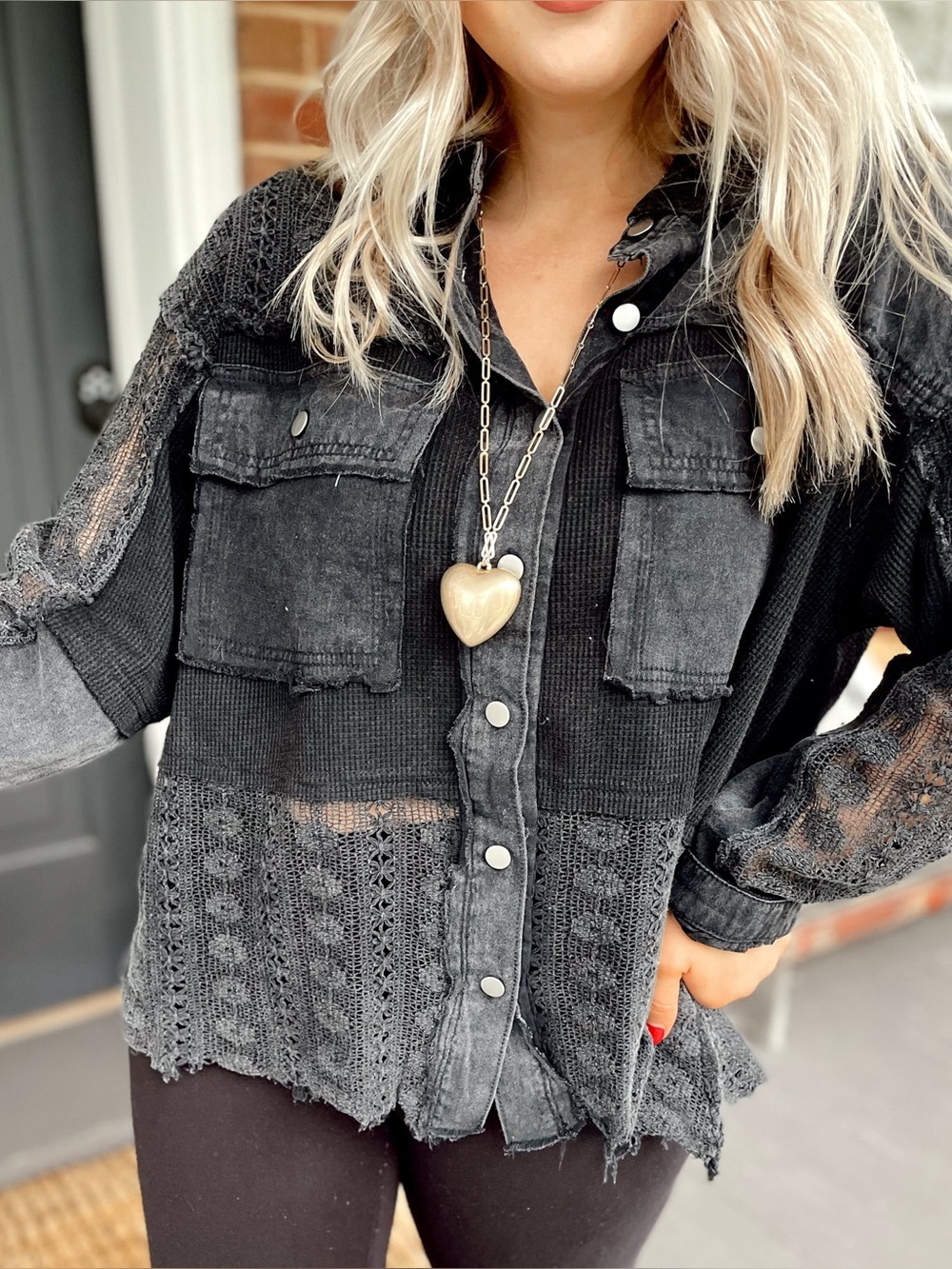 POL S Black Crochet Lace Patchwork Jacket Mineral Wash Boho Snap Front Shirt Top